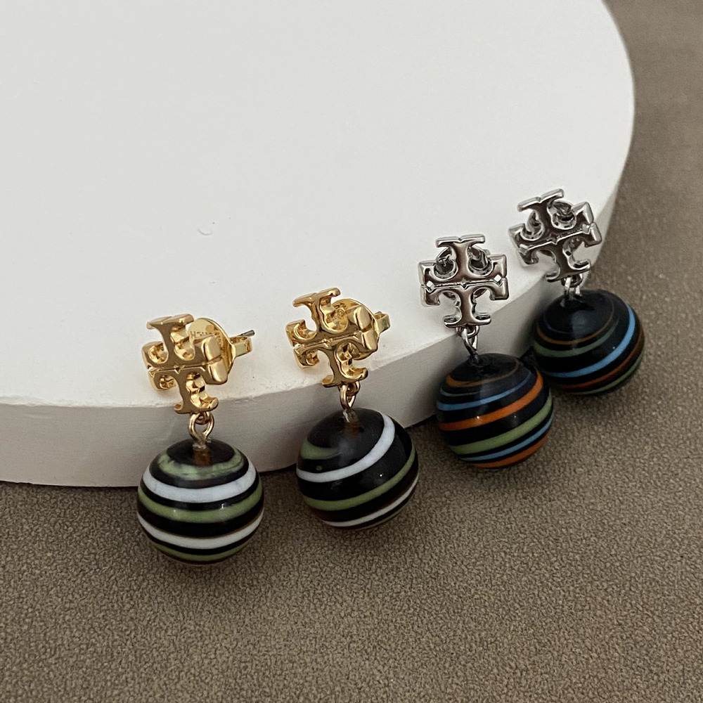 Tory Burch Colorful Glass Striped Balls Metal Earrings